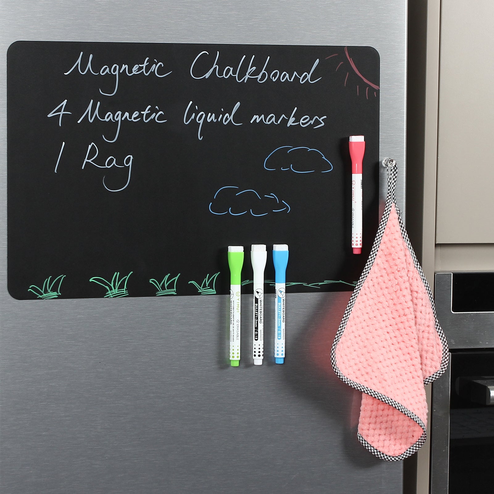 HMmagnets Cute 10x16 Magnetic Dry-Erase Weekly Menu Blackboard for Kitchen Fridge (+8 Bright Chalk Markers) and Free Bonus 